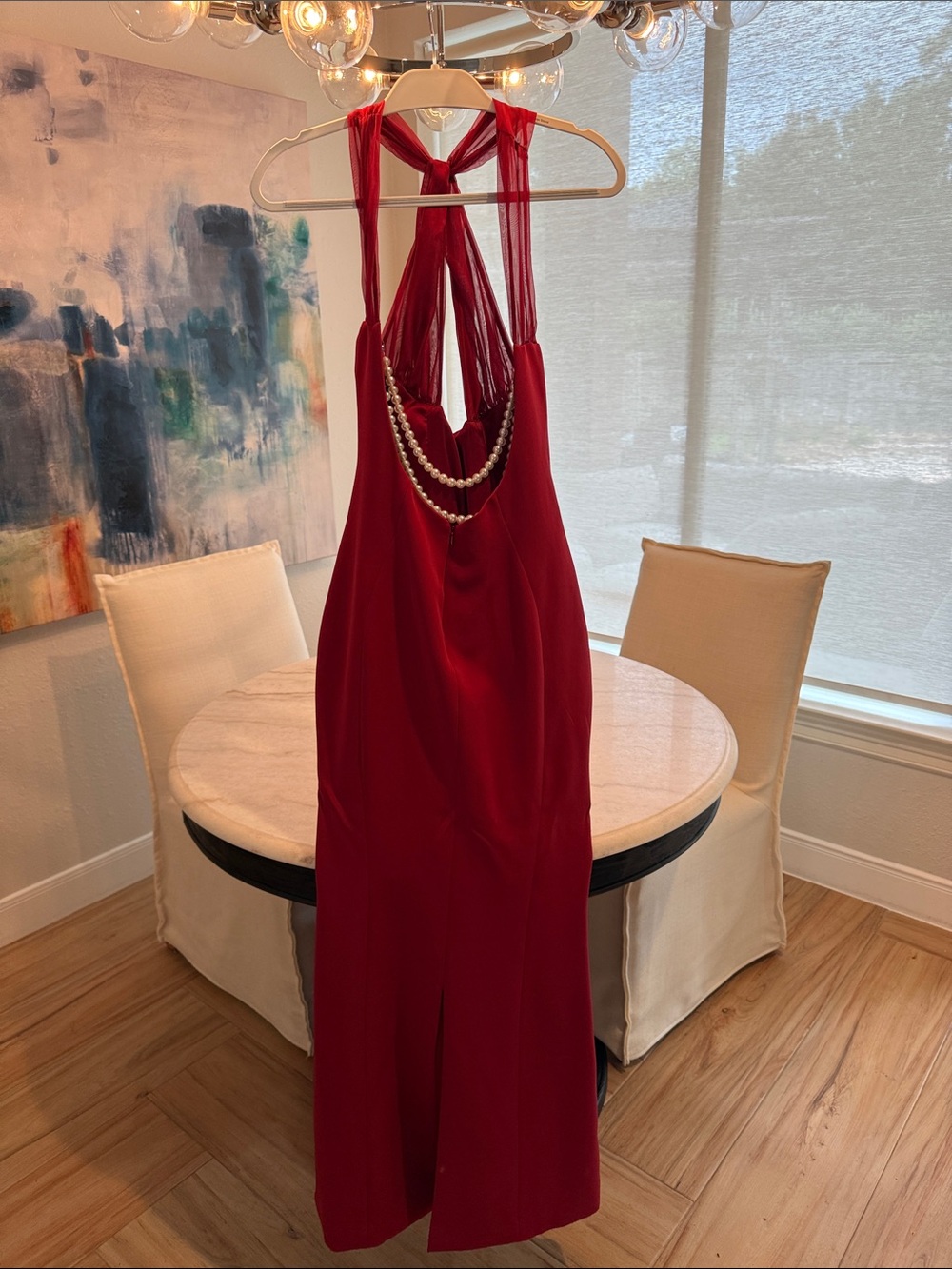Oh Polly Red Halter-Style Evening Gown with Pearl detail - Picture 2 of 5